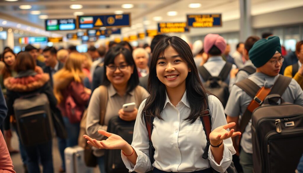 A bustling international bus terminal, with tour guides from various countries guiding groups of curious travelers. In the foreground, a young Japanese-looking guide in a crisp uniform gestures animatedly, her ebony hair framing a friendly, expressive face. In the middle ground, other guides from different nationalities - some tall and blonde, others dark-skinned and turbaned - engage their own groups, showcasing the diversity of the global tourism industry. The background is a mosaic of suitcases, backpacks, and the hustle and bustle of an airport-like setting, conveying the excitement and cosmopolitan atmosphere of the scene. Warm, diffused lighting sets an inviting tone, highlighting the professionals' passion for their work as they shepherd their multinational charges through the terminal.