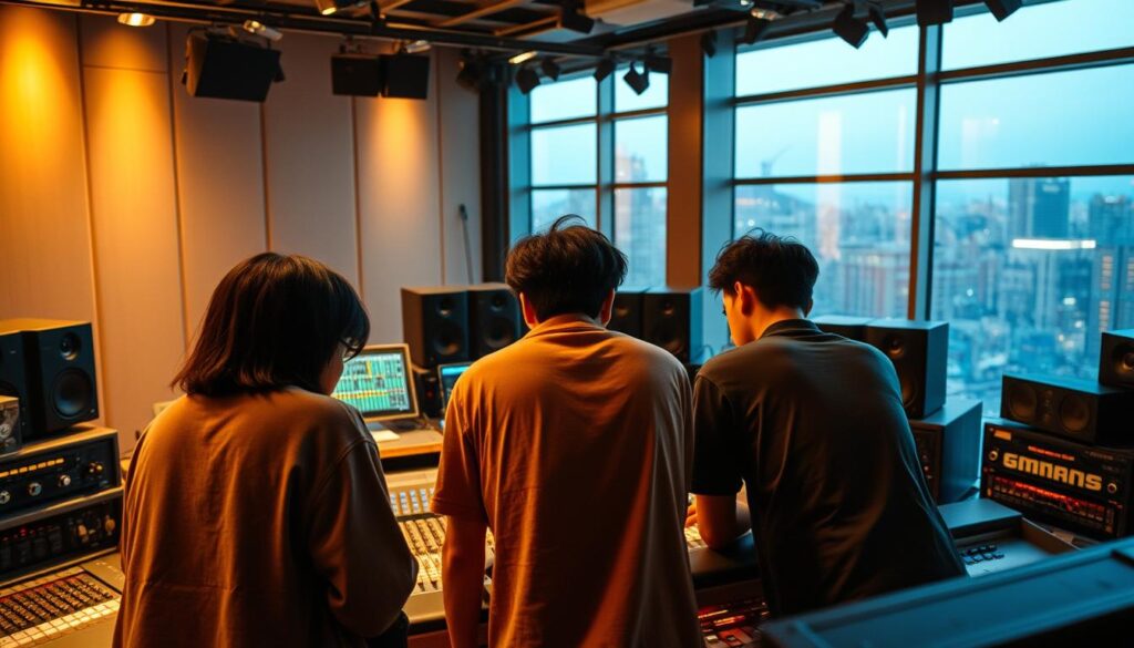 A bustling international recording studio, where Japanese musicians collaborate with diverse producers from around the globe. Backlit by warm studio lighting, three youthful, dark-haired artists lean over a mixing console, immersed in the creative process. The space is filled with sleek, high-tech equipment, hinting at the technological prowess behind their craft. An expansive window offers a cityscape view, symbolizing the global reach of their musical vision. The atmosphere is one of focused intensity, capturing the essence of the "truckmaker's" role in shaping music that transcends borders.
