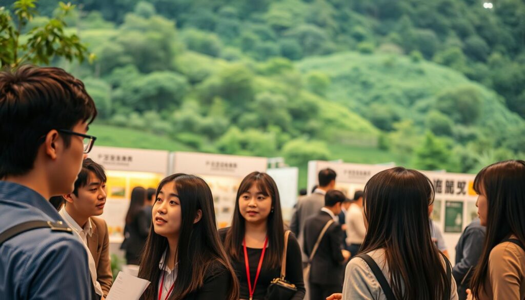 A bustling job fair for agricultural civil engineering consultants, set against a backdrop of lush, verdant landscapes. In the foreground, a group of young, energetic Japanese professionals engage in animated discussions, their sleek, black-haired features conveying a sense of expertise and professionalism. The middle ground showcases informational booths and displays, highlighting the diverse career opportunities available within the industry. The soft, warm lighting and a sense of vibrant activity create an inviting and dynamic atmosphere, reflecting the high demand for skilled consultants in this specialized field.