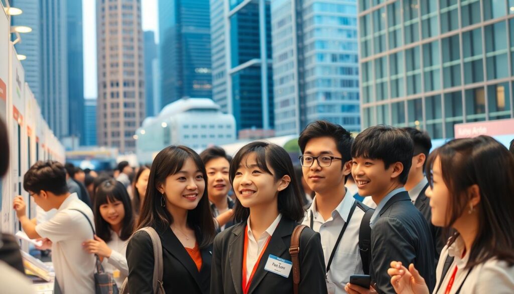 A bustling job fair for aspiring bus tour guides, set against a backdrop of towering skyscrapers and modern architecture. In the foreground, a group of young, professionally-dressed Japanese individuals engage in lively conversations, their expressions ranging from excitement to contemplation as they explore potential career paths. The lighting is soft and diffused, creating a warm, inviting atmosphere. The scene captures the current state of the bus guide job market, with the aspirants' youthful energy and determination to find their place in this dynamic industry.
