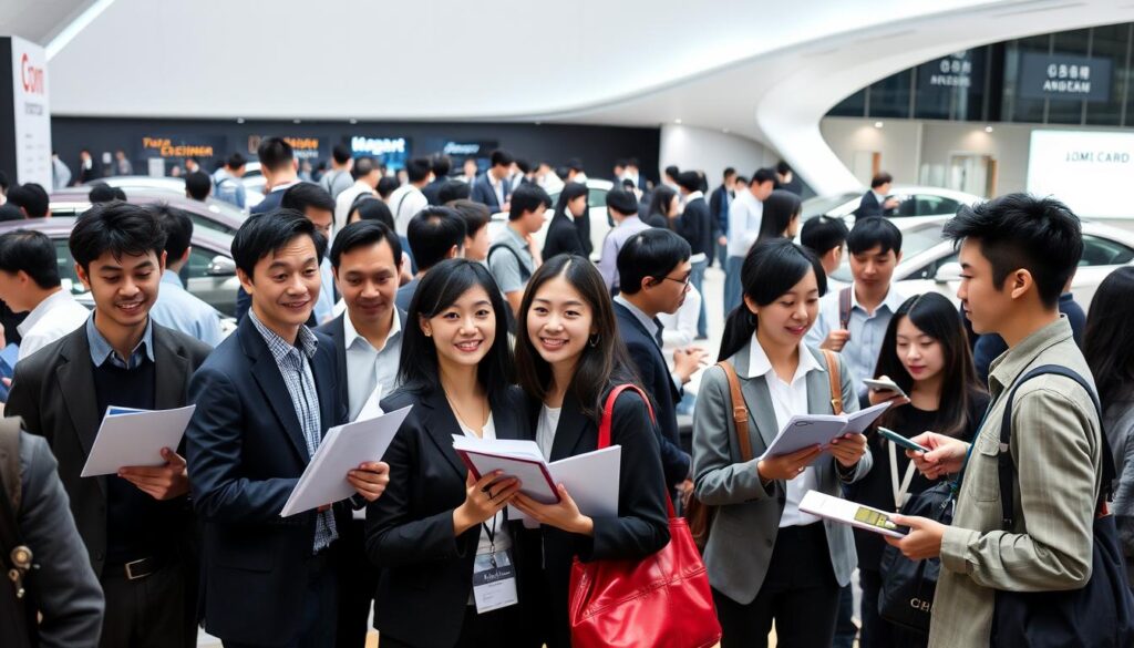 A bustling job fair for car designers, with a diverse group of young Japanese professionals in the foreground. They stand confidently, exchanging resumes and discussing potential opportunities, their expressive faces and body language conveying a mix of excitement and anticipation. In the middle ground, company representatives from leading automotive manufacturers engage in animated conversations, evaluating portfolios and conducting interviews. The background is filled with a sleek, futuristic car showroom, its modern architecture and gleaming vehicles suggesting the high-tech, dynamic nature of the industry. Soft, directional lighting illuminates the scene, creating a professional and aspirational atmosphere.
