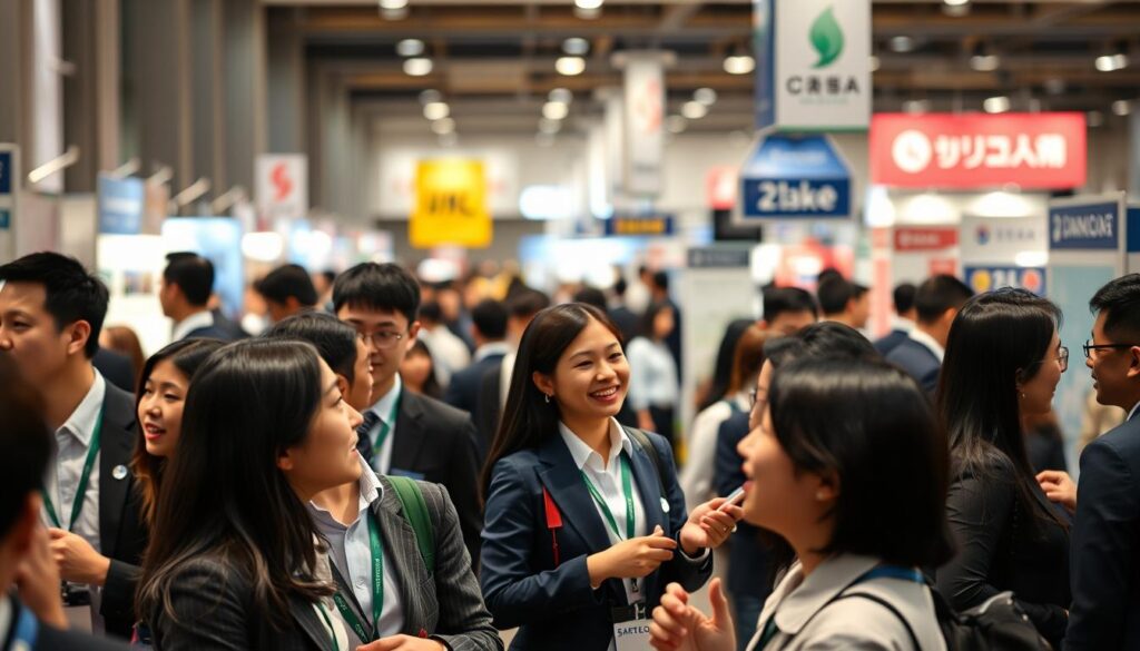 A bustling job fair for environmental consultants, captured in a striking photographic style. In the foreground, a group of young, professional-looking individuals in business attire engage in animated discussions, their expressions reflecting the excitement and anticipation of new career opportunities. The middle ground reveals a vibrant mix of booths and displays, each showcasing the diverse offerings of environmental consulting firms. The background is softly blurred, creating a sense of depth and focus on the central activity. The lighting is warm and natural, casting a inviting glow over the entire scene. The overall atmosphere conveys the dynamic, fast-paced nature of the job market for environmental consultants in Japan.