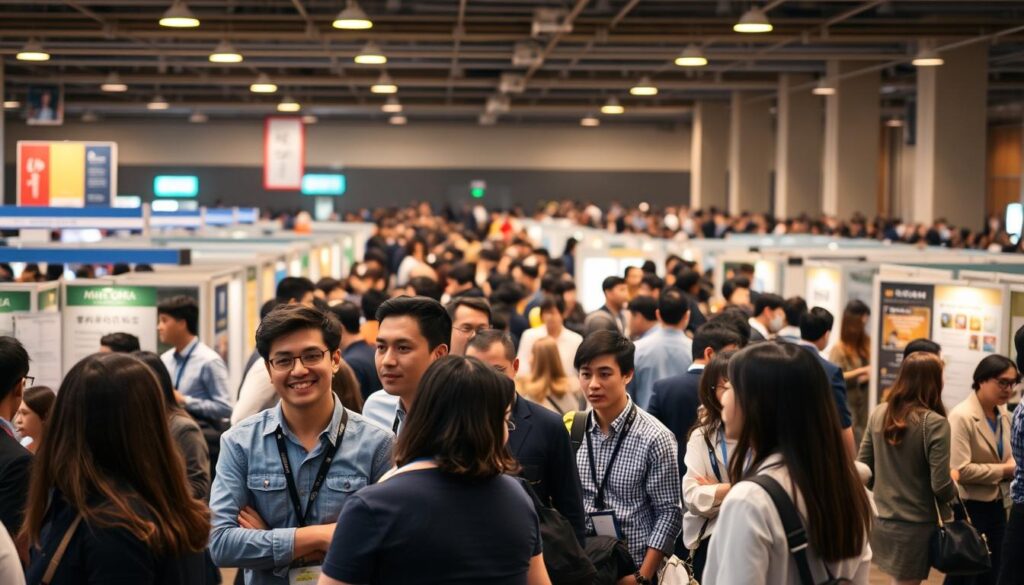 A bustling job fair for geological consultants, with eager young professionals milling about under warm lighting. The foreground features a group of candidates chatting animatedly, their faces animated and intent. In the middle ground, recruiters stand at booths, ready to meet potential hires. The background is a sea of activity, with a diverse array of applicants networking and exploring opportunities. The scene conveys a sense of dynamism and opportunity, reflecting the growing demand for skilled geological consultants in the Japanese market.