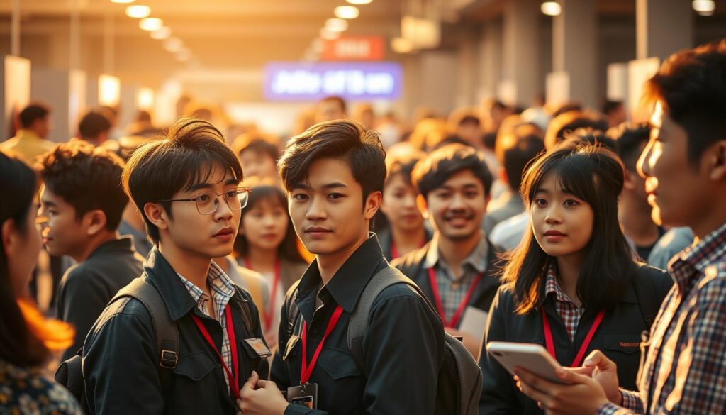 A bustling job fair for plumbers, with a crowd of young, Japanese-looking professionals examining career opportunities and discussing the current state of the industry. The scene is captured in a realistic photographic style, with warm lighting casting a golden glow and a depth of field that focuses the viewer's attention on the central figures. The faces of the models convey a mix of determination, curiosity, and cautious optimism as they navigate the evolving plumbing job market.