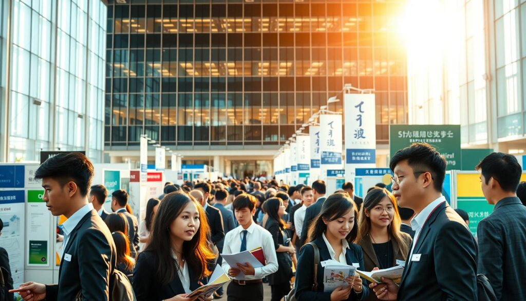 A bustling job fair for spatial information professionals, capturing the dynamic market for their expertise. In the foreground, a group of young, Japanese-looking men and women in business attire network and exchange resumes under warm, natural lighting. The middle ground showcases a diverse array of recruitment booths and signage, hinting at the varied career opportunities available. In the background, a sleek, modern office building serves as the backdrop, symbolizing the corporate demand for these specialized skillsets. The overall atmosphere conveys an air of professional opportunity and industry growth, reflecting the robust demand for spatial information consultants.
