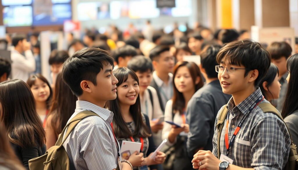 A bustling job fair for the gaming industry, filled with young, Japanese-looking professionals networking and discussing the latest trends. The scene is captured in a realistic photographic style, with a focus on the faces and body language of the attendees. The lighting is warm and natural, creating a lively and inviting atmosphere. The background is slightly blurred, putting the foreground figures in sharp focus. The image conveys a sense of excitement and opportunity, reflecting the dynamic state of the gaming job market.