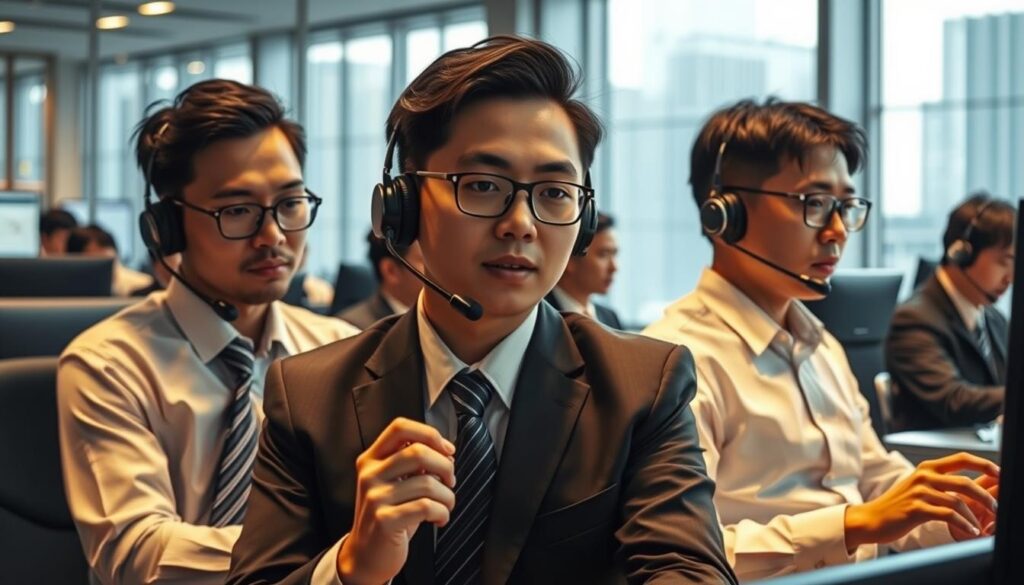 A bustling job market for foreign exchange dealers, with a diverse group of well-dressed professionals negotiating trades in a modern, glass-walled office. The atmosphere is charged with intensity and focus, as young, ambitious Japanese individuals in business attire scrutinize financial data and communicate via headsets, making split-second decisions that impact global markets. Warm, directional lighting illuminates the scene, casting dramatic shadows and highlighting the concentration on their faces. The camera captures a dynamic, high-stakes environment where expertise, quick thinking, and nerves of steel are essential to success in this fast-paced industry.