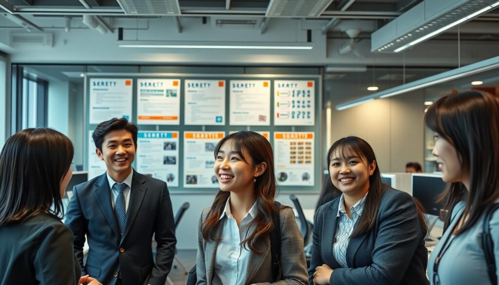 A bustling job market for secretaries unfolds in a modern office setting. In the foreground, a group of young, professional-looking Japanese individuals converse animatedly, their expressions reflecting both excitement and determination. The middle ground features a bulletin board displaying various job postings, each offering a glimpse into the diverse secretarial roles available. The background is dominated by a sleek, well-lit workspace, with neatly organized desks and state-of-the-art technology. The overall atmosphere conveys a sense of dynamic energy and opportunity, capturing the essence of the thriving secretary job market.