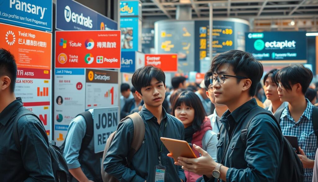 A bustling job market for software developers, where young, Japanese-looking professionals navigate the landscape of career opportunities. In the foreground, a group of programmers converse animatedly, their body language conveying the dynamic nature of the industry. The middle ground showcases various job postings and tech company logos, reflecting the high demand for skilled developers. The background features a sleek, modern cityscape, hinting at the fast-paced, technologically-driven environment. Warm, natural lighting casts a vibrant glow, capturing the energetic atmosphere of this thriving programmer job market.