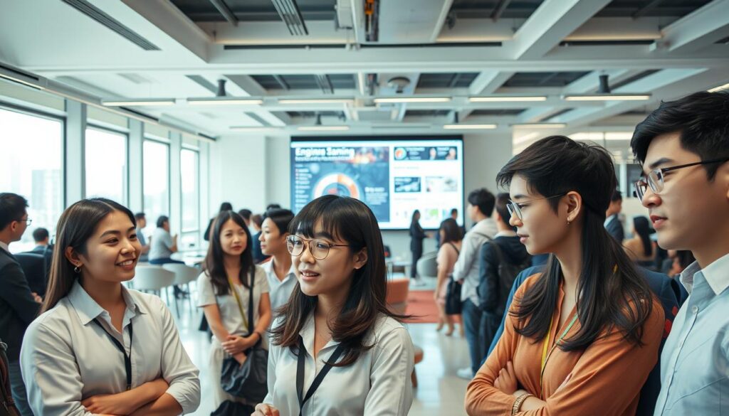 A bustling job market for the gaming industry, with a diverse array of professionals gathered in a modern, well-lit office setting. The foreground features several young, Japanese-looking individuals engrossed in discussions, their faces conveying a mix of determination and excitement. In the middle ground, a large projected display showcases employment opportunities and industry trends, while the background depicts an open, airy workspace with sleek furniture and floor-to-ceiling windows overlooking a vibrant cityscape. The overall atmosphere is one of dynamic energy and opportunity, reflecting the current state of the gaming career landscape.