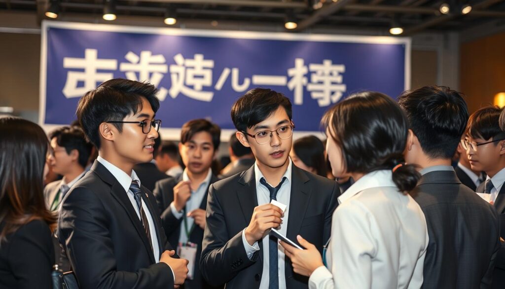 A bustling job market scene, featuring a group of young, Japanese-looking professionals in business attire. They are gathered at a networking event, deep in discussion and exchanging business cards. The lighting is soft and warm, creating a professional yet approachable atmosphere. In the background, a large banner displays the text "エグゼクティブ・プロデューサー求人市場", indicating this is a specialized hiring event for that role. The models have a realistic, photographic quality, capturing the energy and dynamics of the job market for this in-demand executive position.