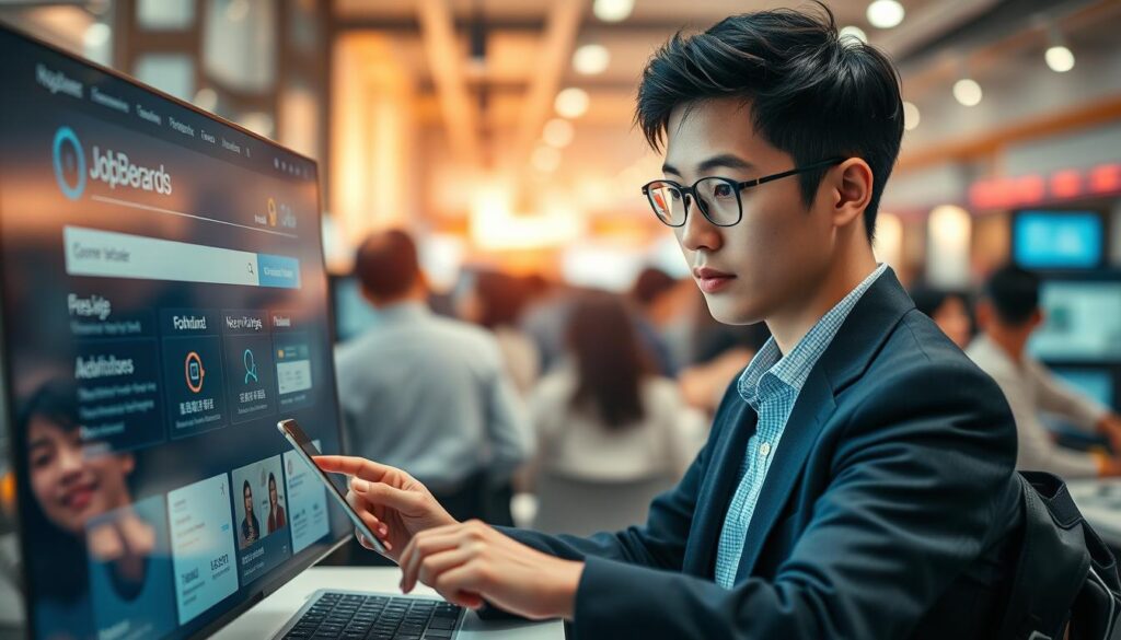 A bustling job search website, its interface brimming with intuitive features. In the foreground, a young Japanese-looking professional navigates the site with ease, their focused expression reflecting the convenience at their fingertips. The middle ground showcases various tools - resume builders, job recommendation algorithms, and networking hubs. The background subtly suggests an atmosphere of opportunity, with a soft, warm lighting evoking a sense of optimism. The overall scene conveys the hidden power of a well-designed job search platform, empowering the user to discover their next career chapter with confidence.