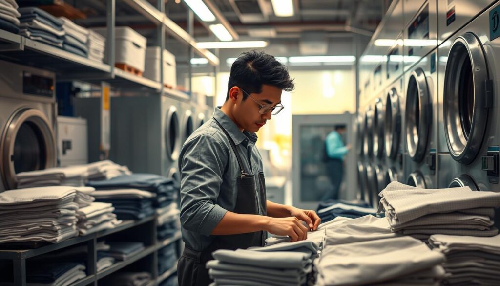 A bustling laundromat, filled with the soft hum of machines and the scent of freshly cleaned linens. In the foreground, a young Japanese man, his face a portrait of determination, carefully sorts through piles of garments, his skilled hands moving with precision. The mid-ground reveals a well-organized workspace, with neatly folded stacks of neatly pressed shirts and trousers, a testament to his meticulous attention to detail. The background depicts a vision of the future, where advanced technologies seamlessly integrate with traditional laundry methods, showcasing the potential for growth and innovation within the cleaning industry. Soft, natural lighting bathes the scene, creating a warm and inviting atmosphere that reflects the dedication and professionalism of the diligent cleaning technician.
