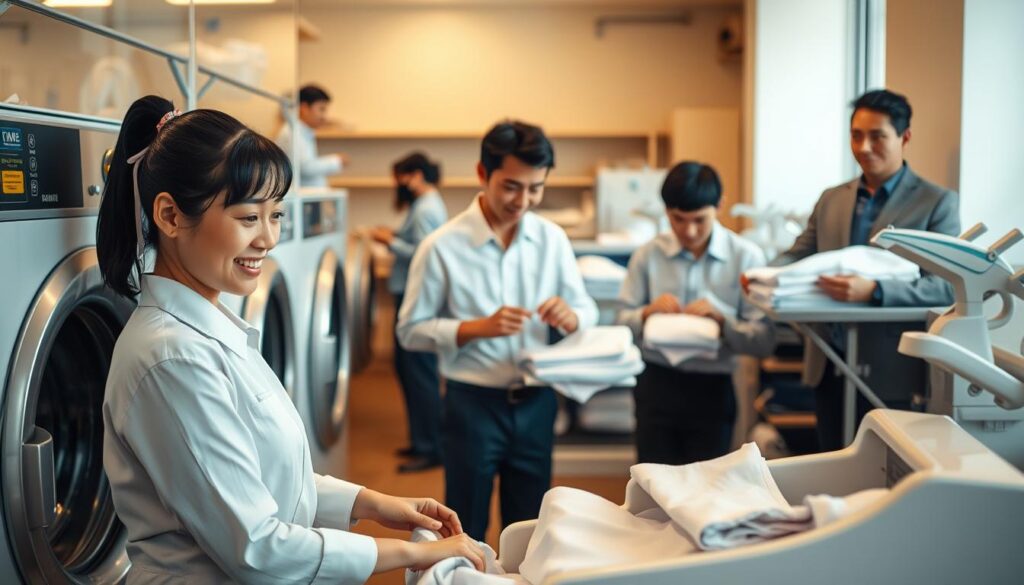 A bustling laundromat with a diverse team of young, Japanese-looking professionals diligently sorting, folding, and ironing clothes. The scene is bathed in warm, soft lighting, creating a calming atmosphere. In the foreground, a smiling woman in a crisp uniform expertly operates a commercial washing machine, her movements graceful and efficient. In the middle ground, two men neatly fold freshly pressed shirts, their brows furrowed in concentration. In the background, a manager oversees the operation, observing the flow of the workday. The overall impression is one of a well-oiled, professional cleaning service, showcasing the potential career path for a skilled cleaner.