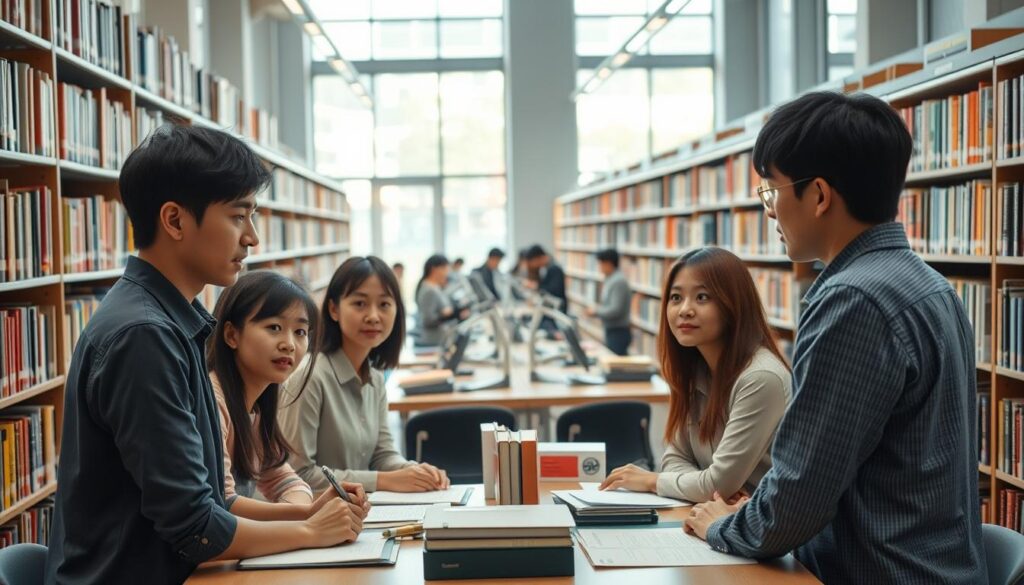 A bustling library interior, its shelves brimming with knowledge. In the foreground, a group of young, Japanese-looking librarians gather around a table, engaged in deep discussion. Their faces carry an air of determination, reflecting the desire for workplace reforms. Soft, natural lighting filters through large windows, creating a warm, collaborative atmosphere. The middle ground showcases efficient workflow processes, with ergonomic workstations and streamlined organization. In the background, patrons browse the stacks, oblivious to the reform efforts unfolding. The scene conveys a sense of progress and modernization within the traditionally rigid library setting.