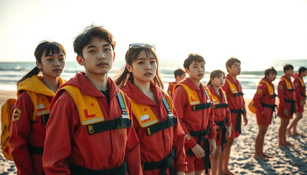 A bustling lifeguard station on a serene beach, with young Japanese-looking models dressed in red and yellow lifesaving uniforms. The sun casts a warm glow, illuminating their determined expressions as they scan the horizon, ready to spring into action at a moment's notice. In the background, the tranquil ocean waves lap against the shore, hinting at the vast possibilities and challenges that await these dedicated professionals. The scene conveys a sense of purpose, responsibility, and the potential for a fulfilling career in the world of lifesaving.