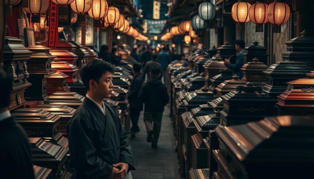 A bustling marketplace filled with a diverse array of casket vendors, each displaying their intricate and ornate funeral offerings. In the foreground, young Japanese morticians in traditional attire converse with somber customers, their expressions conveying the gravity of their profession. The middle ground showcases an array of lacquered caskets, their shapes and designs reflecting the diverse cultural traditions of the region. In the background, a dimly lit streetscape sets the tone, with lanterns casting a warm, contemplative glow over the entire scene. The lighting is soft and natural, creating a sense of reverence and solemnity befitting the subject matter. The overall atmosphere evokes the nuanced dynamics of the funeral industry, where the demand for skilled practitioners is met with a deep respect for the rituals and traditions that guide this essential service.