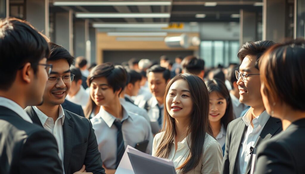 A bustling marketplace filled with young, Japanese-looking professionals, their faces captured in crisp, realistic detail. The foreground features a group of interpreters engaged in animated discussions, their body language conveying a sense of energy and collaboration. In the middle ground, other interpreters can be seen negotiating contracts or attending to client needs, while the background reveals a modern office setting with sleek, minimalist decor. Warm, natural lighting casts a soft glow over the scene, highlighting the interpreters' focused expressions and the competitive yet collaborative atmosphere of the industry.