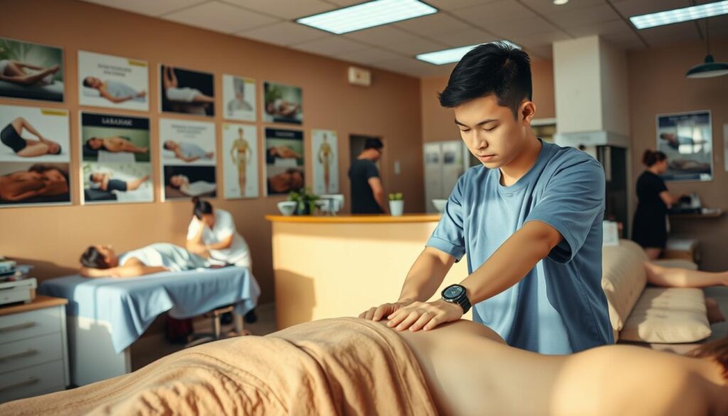 A bustling medical clinic, the walls adorned with posters showcasing various massage techniques. In the foreground, a young, skilled 整体師 carefully administers a therapeutic massage to a patient, their expressions conveying a sense of tranquility and relief. The中間 level captures other 整体師 engaged with clients, their movements fluid and practiced. In the background, a reception desk is manned by attentive staff, providing a welcoming atmosphere. Warm, natural lighting bathes the scene, evoking a soothing ambiance. The overall composition captures the diverse career paths and working environments available to 整体師 professionals.