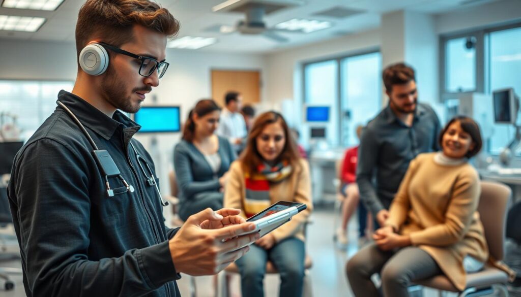 A bustling medical clinic, where innovative language therapists harness cutting-edge technology to transform the lives of their patients. In the foreground, a young, focused practitioner skillfully manipulates a tablet, their nimble fingers navigating the latest speech-enabling software. Surrounding them, an array of assistive devices and diagnostic tools, all designed to push the boundaries of speech and language rehabilitation. In the middle ground, a diverse group of patients, each with unique needs, engage in personalized therapy sessions, their expressions filled with hope and determination. The background reveals a clean, well-lit space, filled with the warm glow of natural light and the subtle hum of advanced medical equipment, reflecting the ever-evolving nature of this dynamic field. The overall scene conveys a sense of progress, empowerment, and the profound impact that language therapists have on their community.