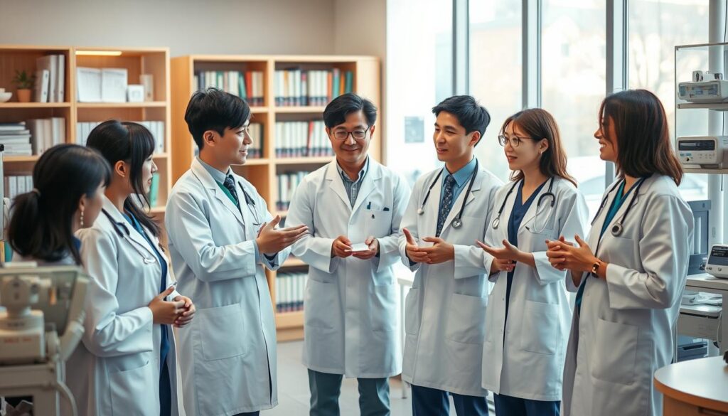 A bustling medical clinic, with a diverse team of healthcare professionals collaborating in a harmonious, integrated manner. In the foreground, a group of young, Japanese-looking individuals in lab coats and scrubs engage in animated discussions, gesturing passionately as they share insights and coordinate patient care. The middle ground features a blend of diagnostic equipment, medical charts, and shelves filled with reference materials, conveying a sense of evidence-based, multidisciplinary practice. The background is softly lit, with warm, natural lighting filtering through large windows, creating a calming, professional atmosphere. The overall composition reflects the seamless integration of various medical specialties, working together to provide comprehensive, holistic patient-centered care.