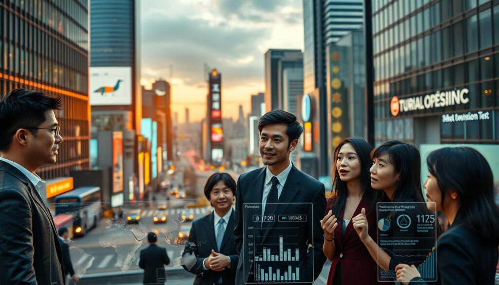 A bustling metropolitan business district, with sleek high-rise towers and modern architecture framing the scene. In the foreground, a group of young Japanese professionals in business attire engage in animated discussions, their expressions reflecting deep contemplation as they analyze market trends and consumer behavior. The middle ground features holographic displays and interactive data visualizations, showcasing key insights and forecasts for the tourism industry. In the background, a vibrant cityscape with bustling streets, neon-lit signs, and the faint glow of the horizon, creating an atmosphere of dynamic progress and innovation. Warm, evenly distributed lighting casts a professional, authoritative tone, while a cinematic, wide-angle lens captures the full scope of the scene.