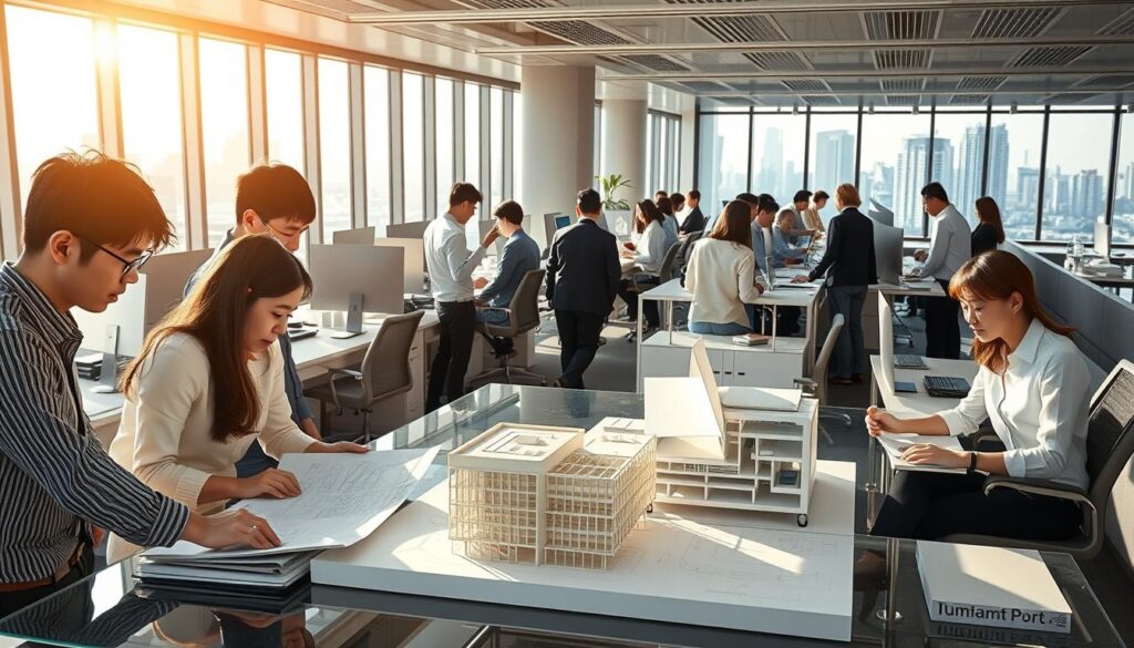 A bustling modern architectural office, with a team of young, focused Japanese-looking architects hard at work. Sunlight streams in through large windows, casting a warm glow on the sleek, minimalist workstations. In the foreground, two architects pore over blueprints, while others collaborate at a central meeting table. The middle ground features a 3D model of a striking, contemporary building design. In the background, a city skyline is visible, hinting at the diverse range of projects the firm undertakes. The mood is one of productive creativity, with a sense of professionalism and dynamism pervading the scene.
