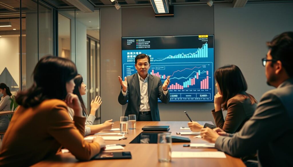 A bustling modern office setting, with a group of young, professional-looking Japanese individuals engaged in a collaborative discussion. The focal point is a technical director, mid-30s, standing at the head of the conference table, gesturing animatedly as they present data and market trends on a large digital display behind them. The lighting is warm and natural, with soft shadows and highlights accentuating the features of the subjects. The overall atmosphere conveys a sense of dynamic energy and forward-thinking as the team works together to navigate the evolving industry landscape.