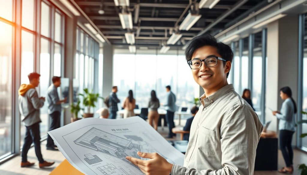 A bustling, modern office space filled with natural light. In the foreground, a young, ambitious Japanese-looking space designer confidently presents their latest architectural plans to a group of colleagues. The middle ground features a team of designers collaborating, sharing ideas and refining their concepts on a large touchscreen display. In the background, an expansive city skyline can be seen through the floor-to-ceiling windows, hinting at the scale and complexity of the designer's work. The scene conveys a sense of growth, professionalism, and the dynamic nature of the space design industry. Soft, directional lighting illuminates the space, creating a warm and inviting atmosphere.