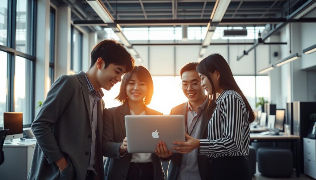 A bustling modern office with young Japanese professionals embodying the latest trends in their field. Soft, natural lighting filters through large windows, casting a warm glow across the minimalist workspace. In the foreground, three colleagues huddle around a laptop, animatedly discussing the latest advancements in their specialized careers. Their attire is stylish yet practical, reflecting the evolving nature of their innovative roles. The background features sleek, contemporary furnishings and cutting-edge technological equipment, hinting at the dynamic, forward-thinking culture of this thriving professional community.