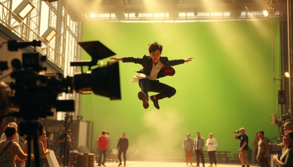 A bustling movie set, where a young Japanese stunt performer leaps gracefully across the frame, their agile movements captured in mid-air by a high-speed camera. The scene is bathed in warm, cinematic lighting, casting dramatic shadows that accentuate the performer's athletic prowess. In the background, a towering green screen sets the stage for seamless visual effects integration. The atmosphere is one of focused intensity, as the stunt performer executes their thrilling routine with precision and discipline, embodying the essence of their demanding profession.