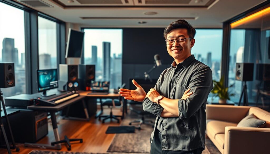 A bustling music business office scene. In the foreground, a young Japanese-looking trackmaker stands confidently, engaging in a lively sales pitch with potential clients. Mid-ground, the trackmaker's workstation features cutting-edge music production equipment, digital displays, and a soundproofed recording setup. The background showcases the modern, high-tech office environment - sleek furniture, large windows offering city skyline views, and a minimalist, professional atmosphere. Warm, natural lighting bathes the scene, creating a sense of energy and dynamism. The trackmaker's expression conveys their passion for the craft and their persuasive, entrepreneurial spirit as they navigate the business side of the music industry.