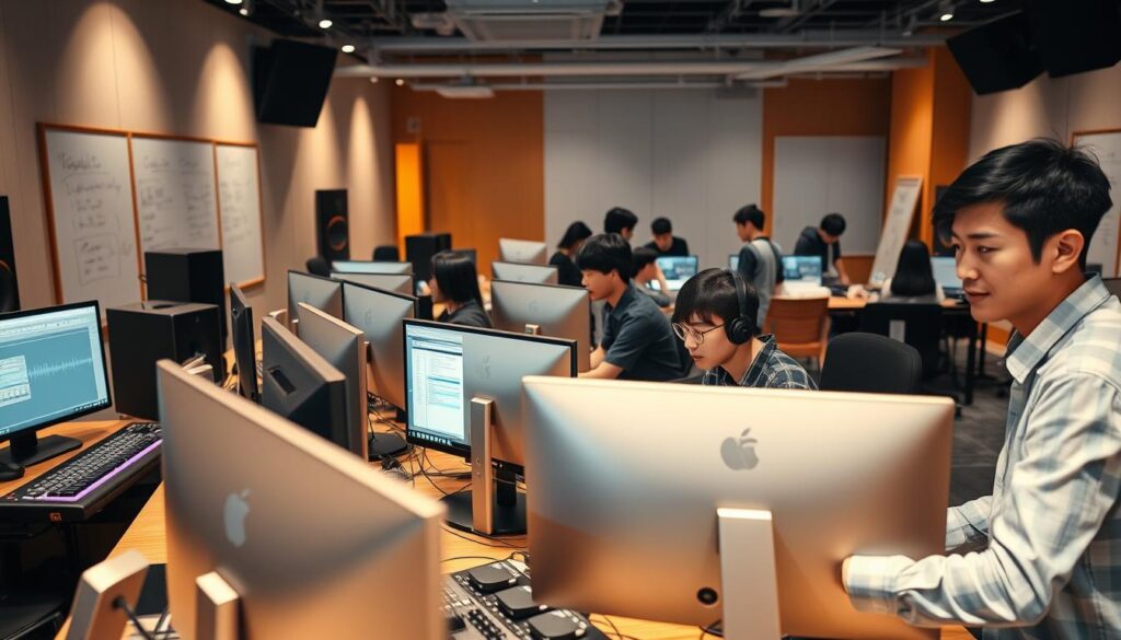 A bustling music production studio, with a team of young, focused Japanese-looking engineers diligently working on their workstations. The room is well-lit, with a mix of natural and artificial lighting creating a warm, professional atmosphere. Sleek computer monitors and audio equipment fill the foreground, while in the background, whiteboards and collaboration spaces indicate an environment of active development and problem-solving. The engineers, their expressions intent, are deeply engaged in their tasks, coding, mixing, and refining the musical elements that will shape the final product.
