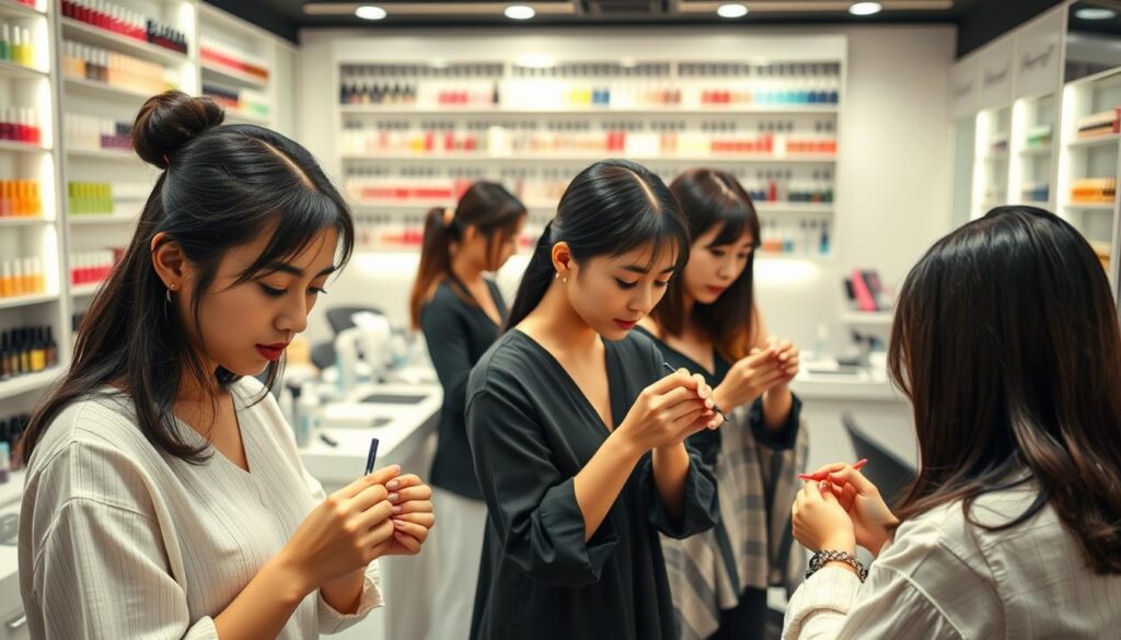 A bustling nail salon, the walls adorned with vibrant nail polish displays. In the foreground, a young, skilled nail artist meticulously applies intricate designs to a client's nails, their steady hands and keen eye showcasing their expertise. In the middle ground, another artist demonstrates a new technique to a group of eager students, hands guiding them through the process. The background reveals a well-equipped workspace, with manicure stations, a variety of tools, and a sleek, modern aesthetic. The lighting is soft and warm, creating a serene, inviting atmosphere. The models, all young Japanese individuals with dark hair, embody the ideal representation of a thriving nail artist career path.