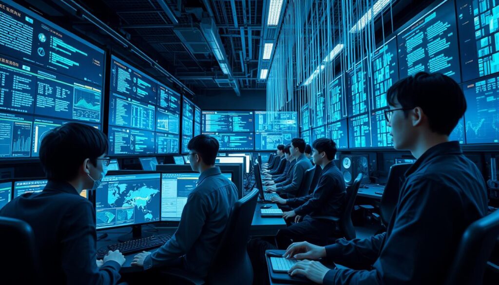 A bustling network operations center, filled with young Japanese engineers intently monitoring digital dashboards and screens. Sleek, high-tech equipment and holographic displays create an immersive, futuristic atmosphere. The engineers, their faces resolute, collaborate seamlessly, their actions choreographed to optimize network performance. Cascading lines of code and data visualizations paint the room in a cool, azure glow, hinting at the scale and complexity of the modern network challenges they navigate. A sense of anticipation and purpose permeates the space, as they work to future-proof the digital infrastructure, ensuring seamless connectivity for the years to come.