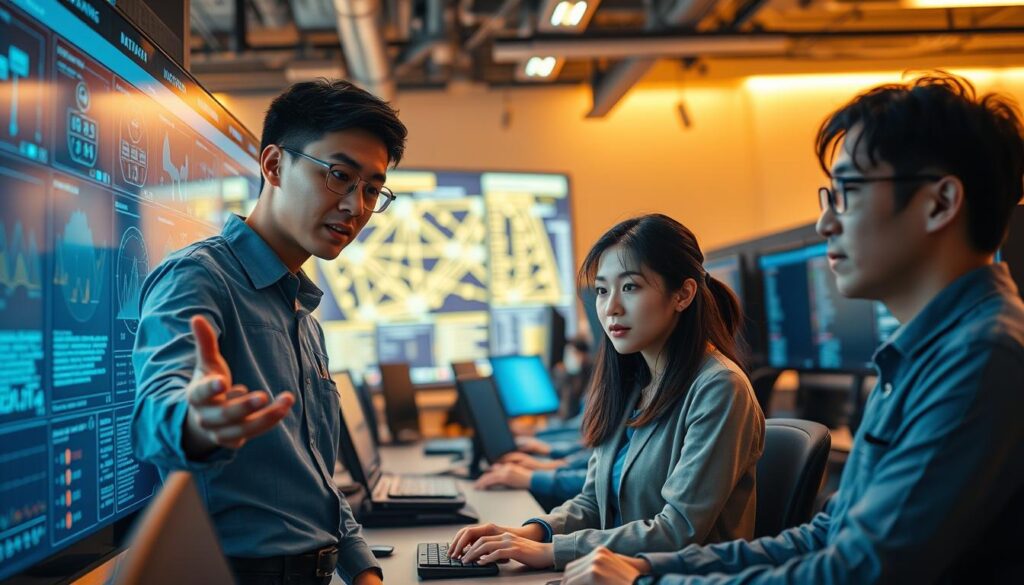 A bustling network operations center, with young Japanese-looking engineers intently monitoring a large digital dashboard. Warm, soft lighting illuminates the scene, casting a focused and professional atmosphere. In the foreground, a male engineer gestures towards the screen, deep in discussion with his colleagues. In the middle ground, a female engineer types rapidly, her brow furrowed in concentration. In the background, rows of monitors display intricate network diagrams and real-time data. The engineers' expressions convey a sense of purpose and dedication to their craft, reflecting the rewarding career path of a network engineer.