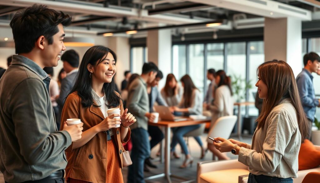 A bustling networking event for editorial designers, capturing the energy and connections between young, dynamic Japanese-looking individuals. In the foreground, two designers engaged in animated conversation, their body language open and inviting. In the middle ground, a group gathers around a central table, laptops and coffee cups in hand, collaborating on a project. The background features a stylish, minimalist office space with large windows, soft lighting, and modern furniture, creating an atmosphere of creativity and professionalism. The overall mood is one of productivity, camaraderie, and opportunity, reflecting the section's focus on effective networking and project acquisition for editorial designers.