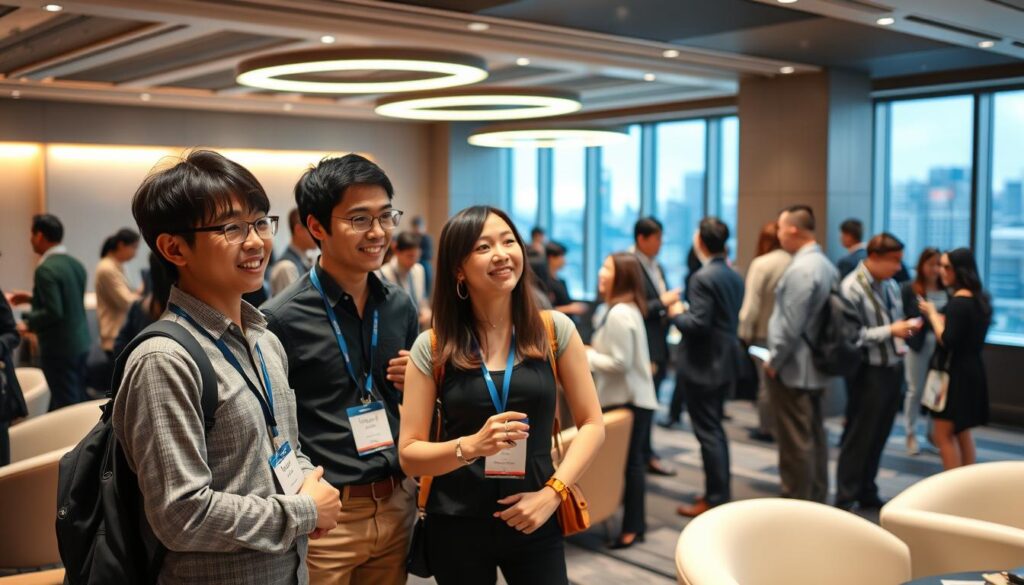 A bustling networking event for experienced mastering engineers. In the foreground, three young Japanese professionals stand in a triangle, engaged in animated conversation, their faces lit by the warm glow of overhead lighting. In the middle ground, a diverse group mingles, exchanging business cards and ideas. The background depicts a modern conference room, with sleek furniture and large windows offering a glimpse of the city skyline. The atmosphere is one of collaboration, knowledge-sharing, and the cultivation of valuable industry connections.
