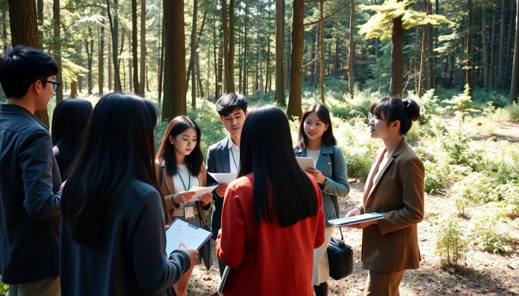 A bustling networking event in a serene forest clearing, with a group of young Japanese-looking professionals engaged in lively conversation. The filtered sunlight casts a warm, natural glow, complementing the earthy tones of the surrounding trees and foliage. The models, all with black hair, stand in an informal semicircle, papers and laptops in hand, deeply immersed in discussing their expertise as forest consultants. The scene conveys a sense of collaboration, knowledge-sharing, and a shared passion for sustainable forestry practices.