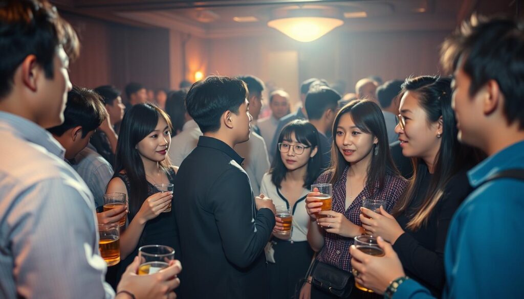 A bustling networking event in the heart of the music industry. In the dimly lit room, young Japanese-looking professionals mingle, drinks in hand, exchanging business cards and ideas. Soft lighting casts a warm glow, highlighting the concentration on their faces as they engage in animated discussions. The atmosphere is one of energy and opportunity, where connections are forged and careers are shaped. The scene evokes the importance of building a strong network in the competitive world of music, where success often hinges on who you know and how well you navigate the industry's intricate web of relationships.