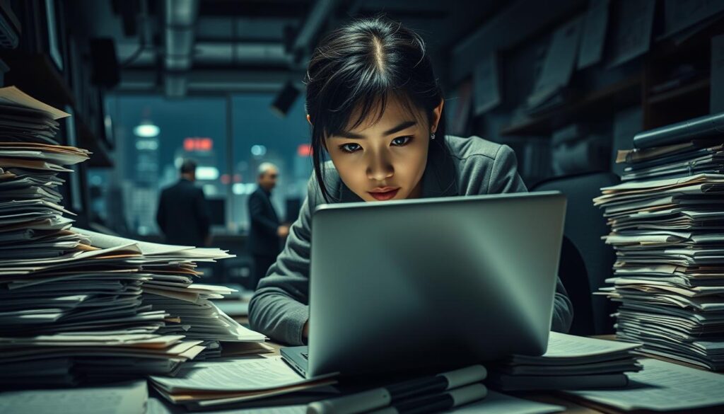 A bustling newsroom, a young Japanese reporter hunched over a laptop, brow furrowed in concentration. Dim, moody lighting casts shadows, the atmosphere tense with the weight of her task. Piles of research materials and a scattering of handwritten notes surround her, a testament to the challenges of her craft. In the background, a cityscape blurs, the metropolis pulsing with the stories she must uncover. The reporter's gaze is intense, her determination palpable as she navigates the complexities of investigative journalism, seeking to shed light on the issues that matter most.