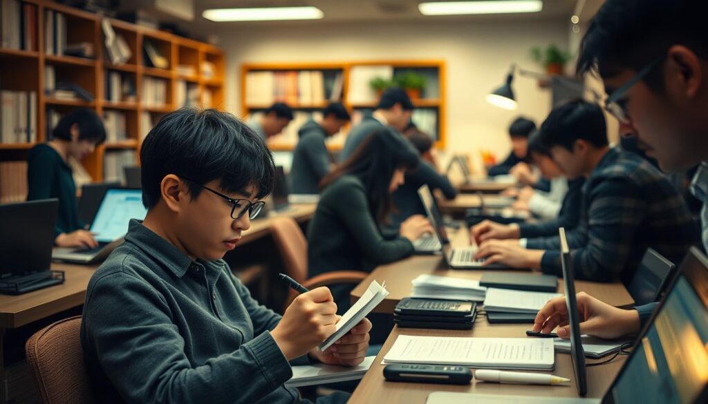 A bustling newsroom, where young Japanese-looking reporters huddle around desks, typing furiously on their laptops. The scene is illuminated by warm, diffused lighting, creating a cozy, focused atmosphere. In the foreground, a reporter sits intently, jotting down notes from an interview on a small notepad, their face reflecting the intensity of their work. In the middle ground, other journalists collaborate, discussing story ideas and exchanging information. The background is blurred, but hints at the broader office environment, with shelves of reference materials and the occasional potted plant adding a touch of life. The overall mood conveys the dedicated, hardworking nature of the reportage profession.