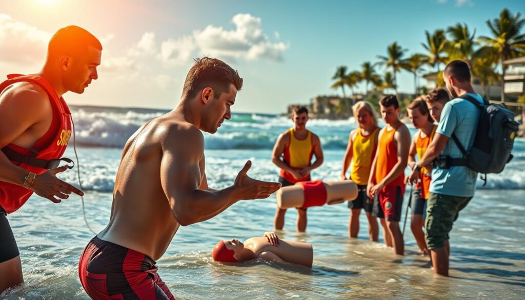 A bustling oceanside scene, featuring a team of young, athletic lifeguards engaged in various training exercises. In the foreground, a lifeguard is demonstrating proper rescue techniques, their muscular frame and determined expression conveying the intensity of their profession. In the middle ground, another lifeguard is practicing CPR on a realistic training dummy, while a group of trainees observe intently, taking notes. The background is a picturesque beach setting, with crashing waves, palm trees, and a clear blue sky overhead, illuminated by warm, golden sunlight. The overall atmosphere is one of dedication, skill, and a deep commitment to public safety.