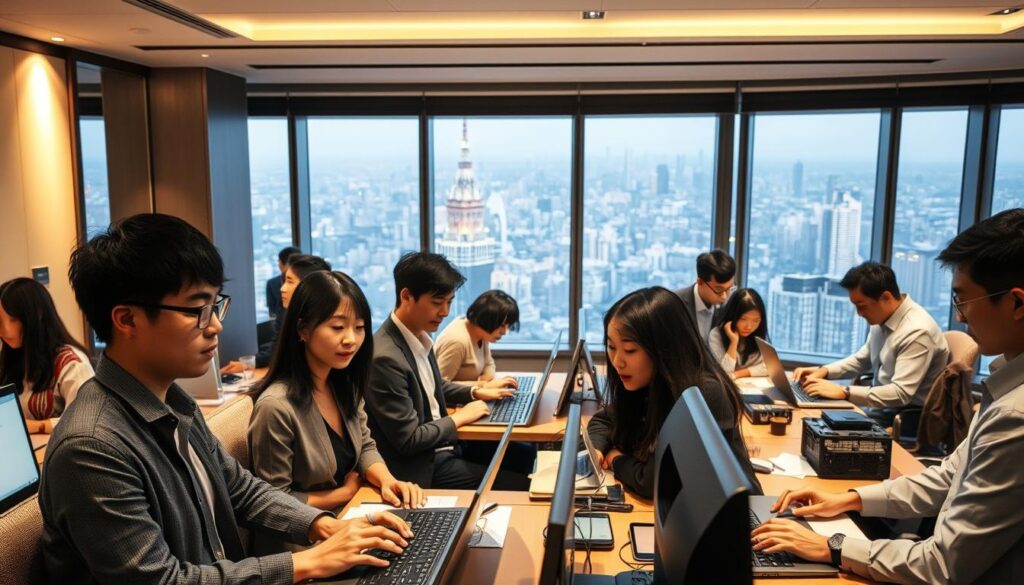 A bustling office in a high-rise building, filled with young Japanese-looking professionals working diligently at their desks. The lighting is warm and ambient, creating a focused atmosphere. In the foreground, a group of colleagues are engaged in a lively discussion, their expressions attentive and invested. In the middle ground, others are typing away on their laptops, making notes, and collaborating on projects. The background showcases sweeping city views through large windows, adding a sense of scale and urban energy. The overall scene conveys the dynamic, fast-paced nature of work at a prestigious consulting firm, where talented individuals strive for excellence.