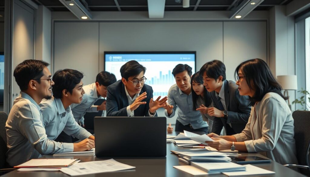 A bustling office interior with a team of young Japanese-looking professionals engaged in a public policy consulting session. Soft lighting illuminates the scene, creating a serious yet collaborative atmosphere. On the desk, reports and documents are scattered, hinting at the complex challenges they are tackling. The team members are leaning in, gesturing animatedly as they discuss strategies and analyze data projected on a large screen behind them. The overall mood conveys a sense of focused problem-solving, as they work together to devise effective solutions for the public policy issues at hand.