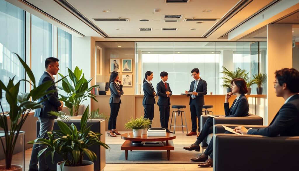 A bustling office of a public policy consulting firm, with a modern and professional atmosphere. The reception area features sleek furniture, plants, and minimalist decor, creating a welcoming ambiance. In the background, several young Japanese-looking individuals in business attire are engaged in discussions, showcasing the firm's diverse team of consultants. The lighting is warm and natural, casting a soft glow throughout the space. The overall scene conveys an image of a reputable and forward-thinking organization dedicated to providing expert public policy advice.