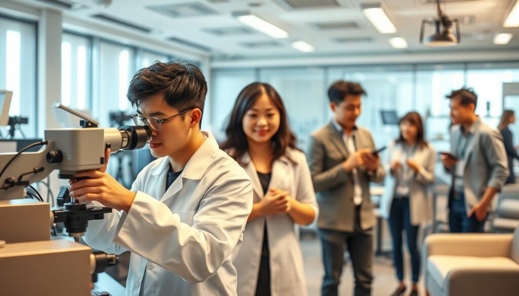 A bustling office scene, capturing the dynamic career progression of a Japanese odor inspector. In the foreground, a young professional in a white lab coat analyzes a sample through a specialized device, their focused expression conveying their expertise. In the middle ground, colleagues in casual attire discuss findings, gesturing animatedly. The background reveals a modern, well-lit workspace filled with scientific equipment and sleek, minimalist furniture, reflecting the high-tech nature of this specialized field. Soft, directional lighting from overhead casts a warm, authoritative glow, complementing the serious yet ambitious atmosphere. The overall composition suggests the rewarding challenges and advancements inherent in the odor inspector's career path.