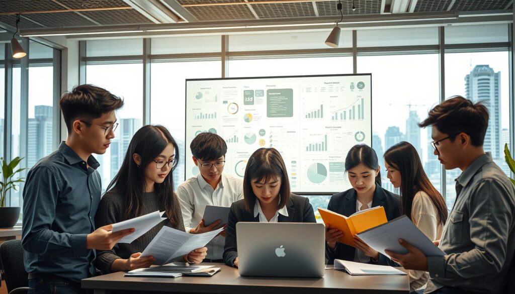 A bustling office scene depicting market trends and future prospects for professional proofreaders. In the foreground, a group of young, focused Japanese-looking individuals review documents, laptops open, and reference materials at hand. The middle ground showcases a whiteboard filled with data visualizations and projections, illuminated by soft, natural lighting pouring in through large windows. In the background, a cityscape of modern high-rises sets the scene, hinting at the urban professional environment. The overall atmosphere conveys a sense of analytical diligence, strategic planning, and optimism about the evolving role of proofreaders in the modern workforce.