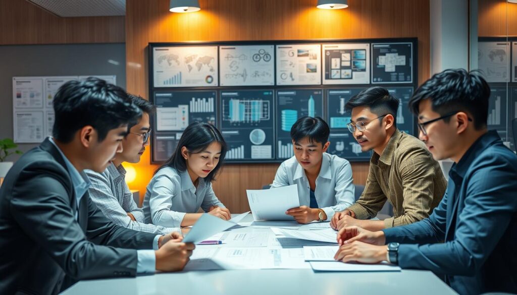 A bustling office scene featuring a team of young, Japanese-looking consultants deeply engaged in collaborative discussions around a table. The lighting is warm and professional, with focused task lighting illuminating their faces and documents. In the background, a wall-mounted display showcases various engineering schematics and diagrams, hinting at the technical expertise of the group. The consultants are dressed in business casual attire, conveying a sense of competence and problem-solving prowess. Their body language and facial expressions suggest a sense of focus, teamwork, and a dedication to their craft. An atmosphere of productivity and forward momentum permeates the scene, capturing the essence of a formative career path in water infrastructure consulting.