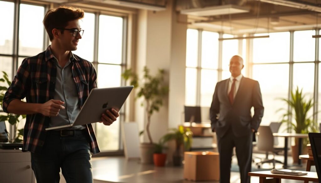 A bustling office scene featuring two distinct figures - a young, dynamic freelance worker and a seasoned, professional employee. The freelancer, in casual attire, appears energetic and engaged, laptop in hand, while the corporate worker, in a sharp suit, stands more formally. Diffused natural light streams through large windows, casting a warm, contemplative atmosphere. The background subtly contrasts the two roles, with the freelancer's area more open and flexible, the employee's more structured and traditional. Subtle visual cues highlight the advantages and challenges of each employment path. The image aims to capture the essence of the comparison between the freelance and corporate lifestyles in a visually compelling manner.